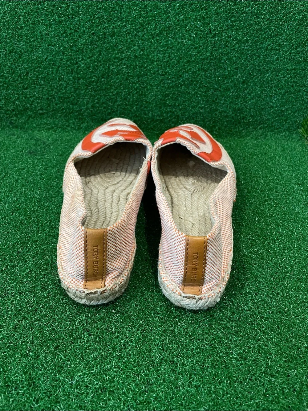 Tory Burch Lonnie Espadrilles Flats Big Logo Canvas Leather Orange Sz 7 Women’s